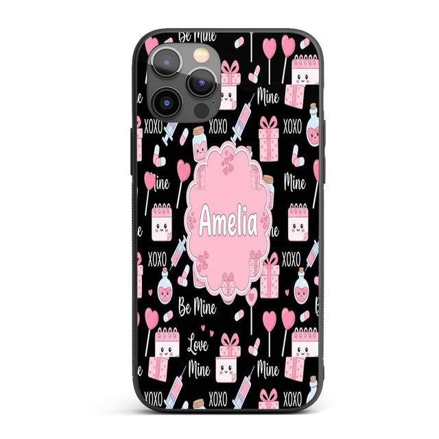 Cute Kawaii Valentine Love Hearts Syringe Gift Custom Name Protective Phone Case Mobile Cover Durable Everyday Smartphone Shock Resistant
