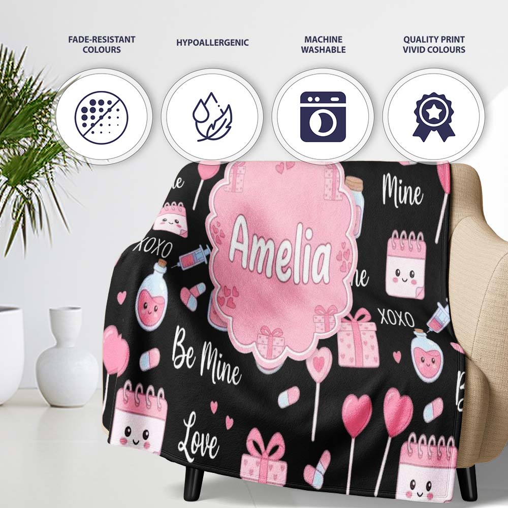 Cute Kawaii Valentine Love Hearts Syringe Gift Calendar Light Grey  Personalised Custom Name Super Soft Fleece Blanket Bed Sofa Throw