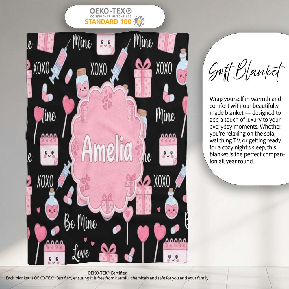 Cute Kawaii Valentine Love Hearts Syringe Gift Calendar Light Grey  Personalised Custom Name Super Soft Fleece Blanket Bed Sofa Throw