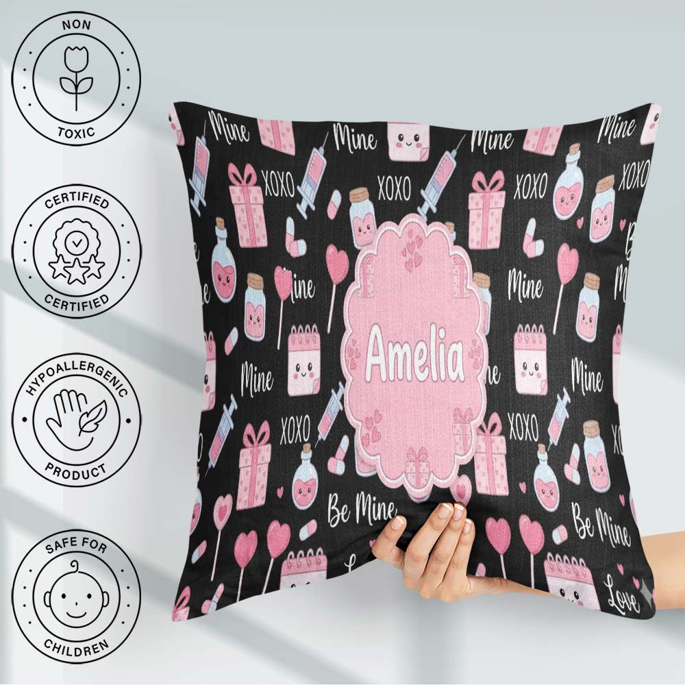Custom Name Kawaii Valentine Hearts Syringe Calendar Light Grey Square Filled Cushion Throw Pillow Sofa Bed Home Decor Zip Washable UK Made