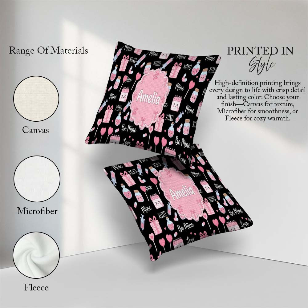 Custom Name Kawaii Valentine Hearts Syringe Calendar Light Grey Square Filled Cushion Throw Pillow Sofa Bed Home Decor Zip Washable UK Made