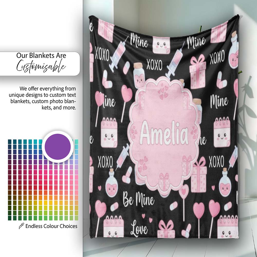 Cute Kawaii Valentine Love Hearts Syringe Gift Calendar Light Grey  Personalised Custom Name Super Soft Fleece Blanket Bed Sofa Throw
