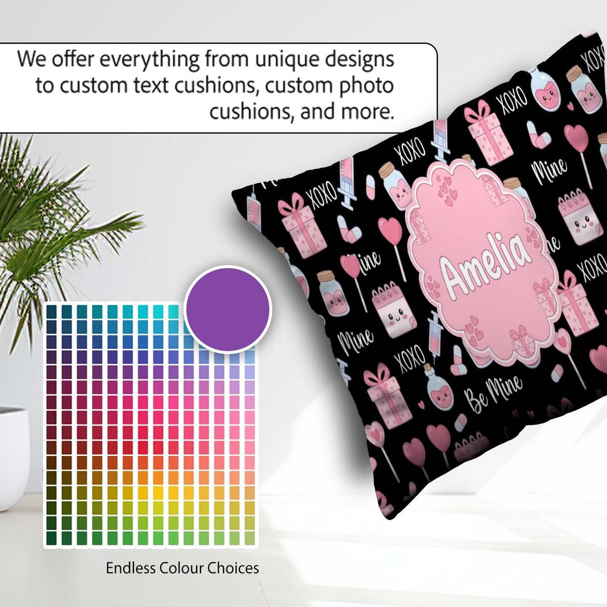 Custom Name Kawaii Valentine Hearts Syringe Calendar Light Grey Square Filled Cushion Throw Pillow Sofa Bed Home Decor Zip Washable UK Made