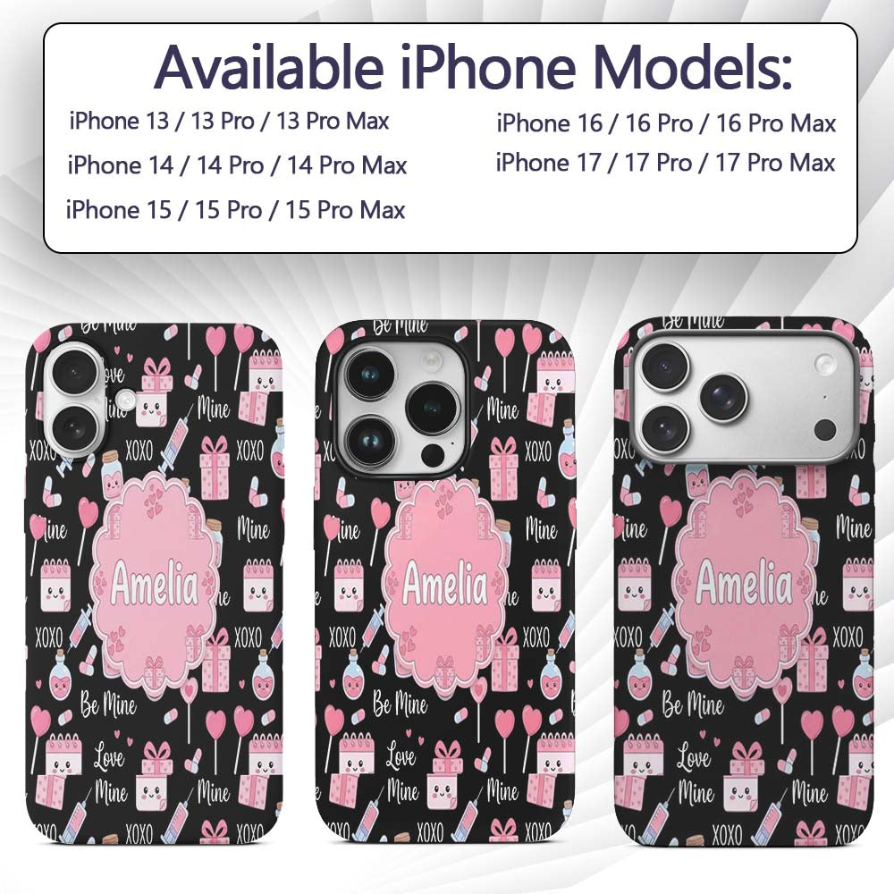 Cute Kawaii Valentine Love Hearts Syringe Gift Custom Name Protective Phone Case Mobile Cover Durable Everyday Smartphone Shock Resistant