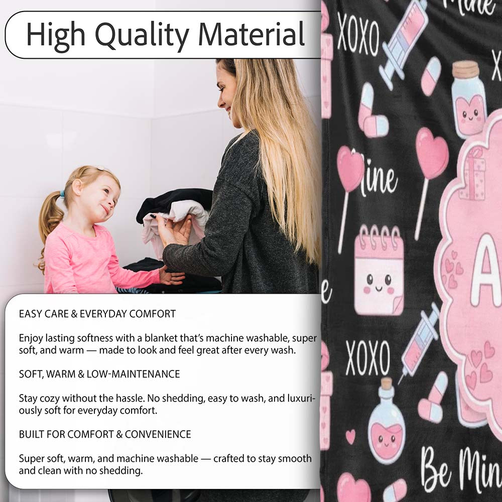 Cute Kawaii Valentine Love Hearts Syringe Gift Calendar Light Grey  Personalised Custom Name Super Soft Fleece Blanket Bed Sofa Throw