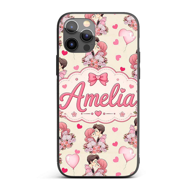Romantic Couple Kissing Floral Bouquet Hearts Custom Name Protective Phone Case Mobile Cover Durable Everyday Smartphone Shock Resistant