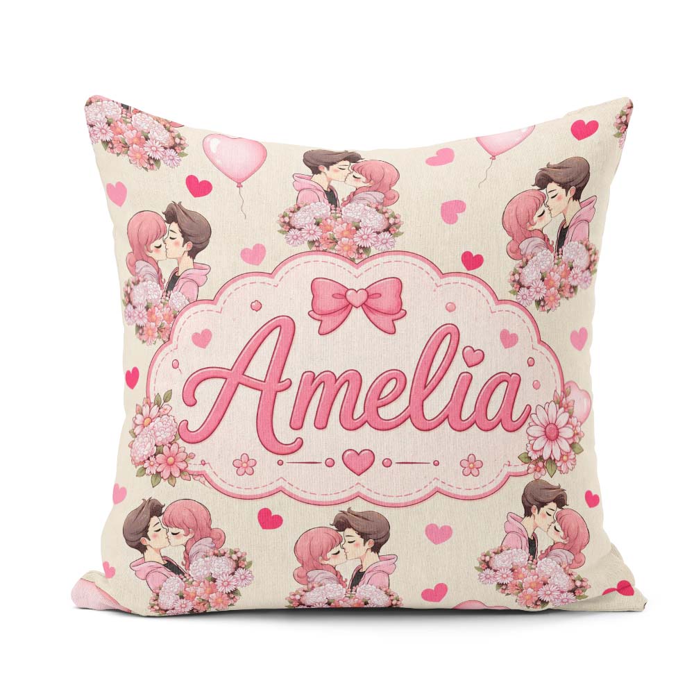 Custom Name Romantic Couple Kissing Floral Hearts Seamless Beige Square Filled Cushion Throw Pillow Sofa Bed Home Decor Zip Washable UK Made