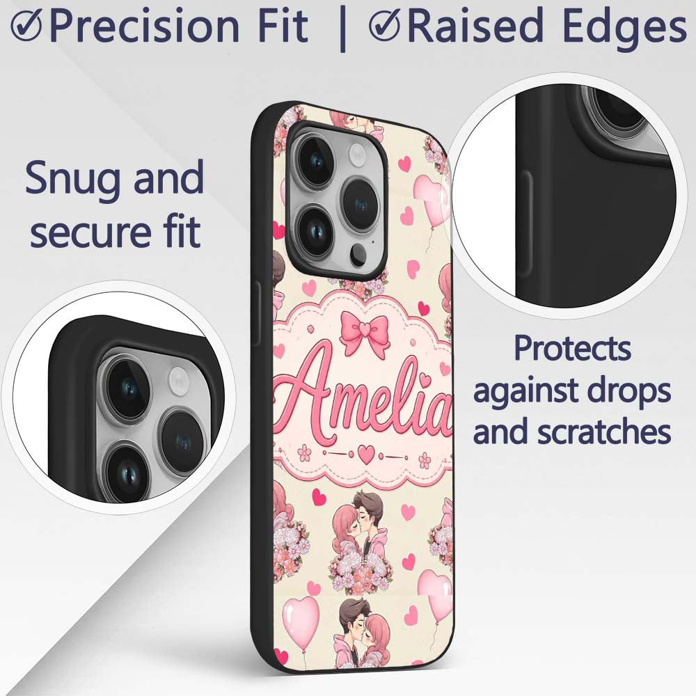 Romantic Couple Kissing Floral Bouquet Hearts Custom Name Protective Phone Case Mobile Cover Durable Everyday Smartphone Shock Resistant
