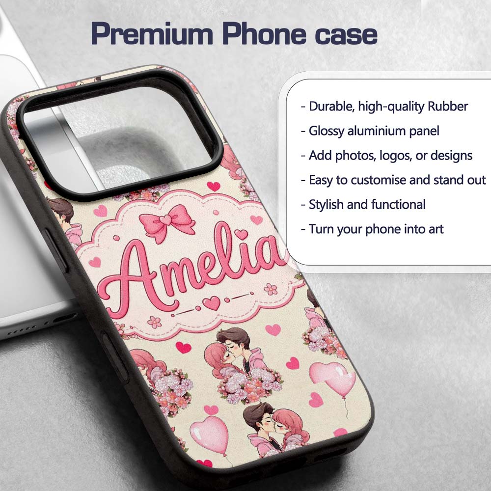 Romantic Couple Kissing Floral Bouquet Hearts Custom Name Protective Phone Case Mobile Cover Durable Everyday Smartphone Shock Resistant