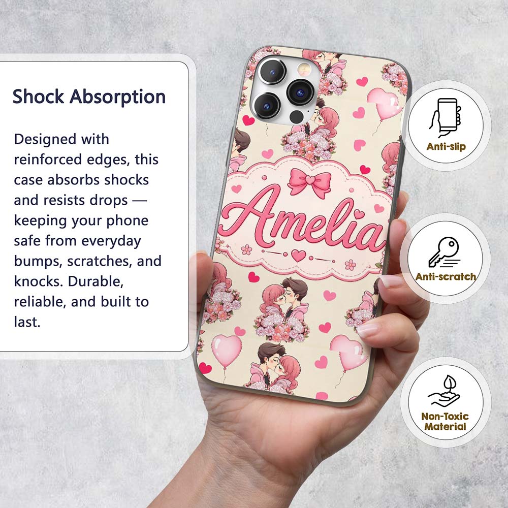 Romantic Couple Kissing Floral Bouquet Hearts Custom Name Protective Phone Case Mobile Cover Durable Everyday Smartphone Shock Resistant