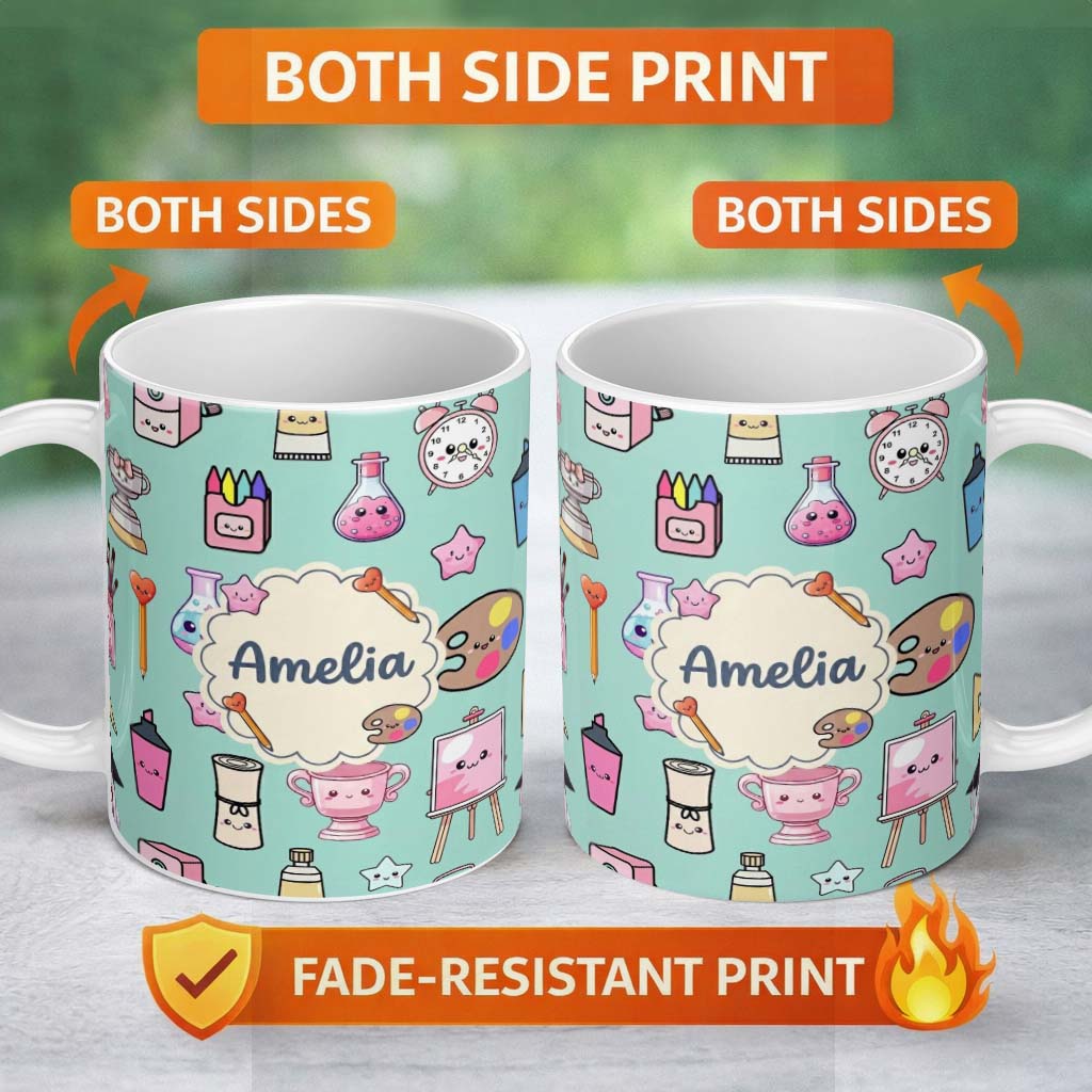 Personalized Custom Name Cute Kawaii Graduate Boy Science Art Supplies Seamless Pattern Mint 11oz Ceramic Coffee Tea Mug White Large Handle