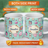 Personalized Custom Name Cute Kawaii Graduate Boy Science Art Supplies Seamless Pattern Mint 11oz Ceramic Coffee Tea Mug White Large Handle