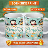 Personalized Custom Name Cute Halloween Dracula Ghost Bats on Mint Green Background Seamless 11oz Ceramic Coffee Tea Mug White Large Handle