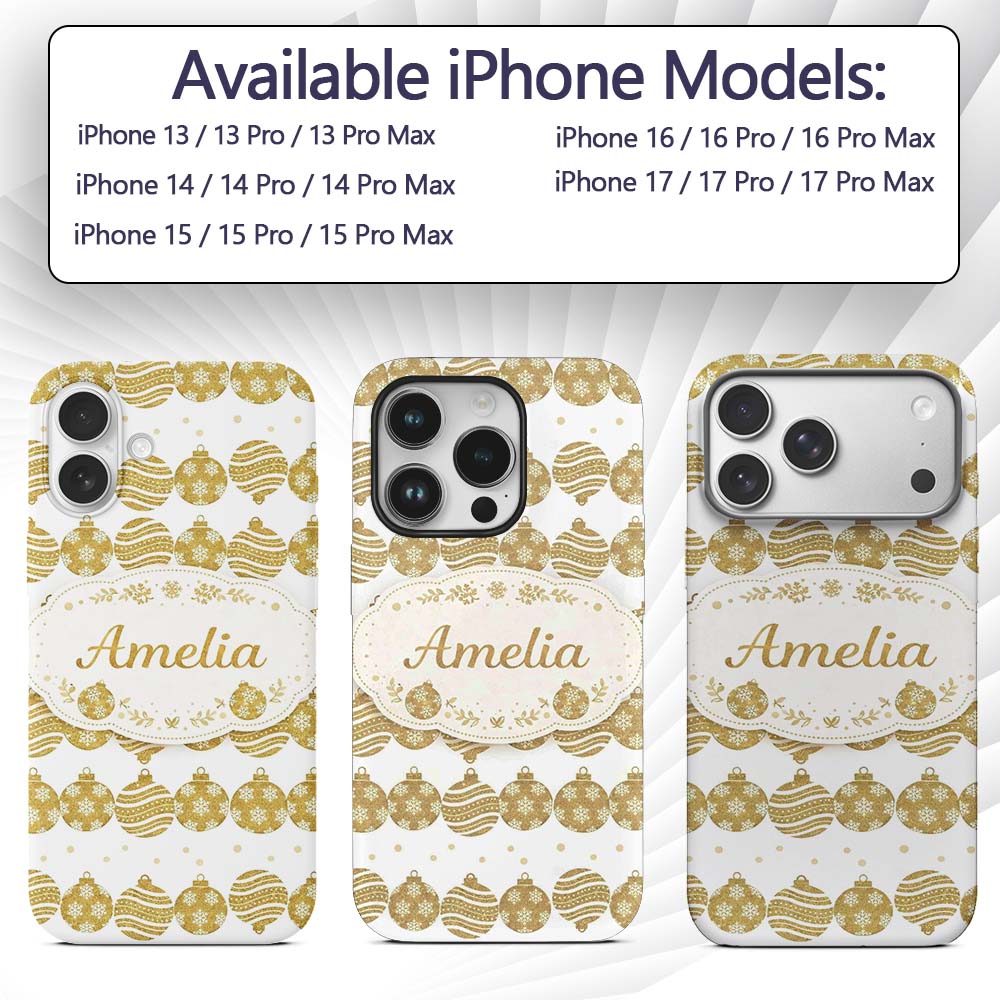 Gold Christmas Baubles Glitter Festive Seamless Custom Name Protective Phone Case Mobile Cover Durable Everyday Smartphone Shock Resistant