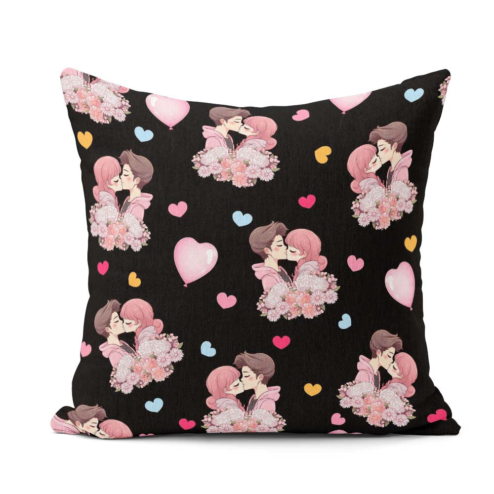 Custom Name Romantic Couple Kissing Floral Hearts Seamless Black Square Filled Cushion Throw Pillow Sofa Bed Home Decor Zip Washable UK Made