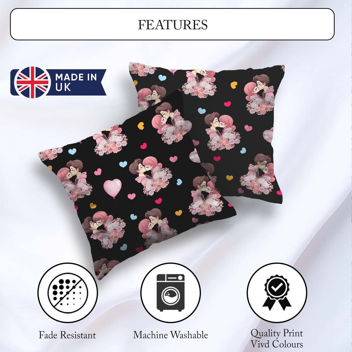 Custom Name Romantic Couple Kissing Floral Hearts Seamless Black Square Filled Cushion Throw Pillow Sofa Bed Home Decor Zip Washable UK Made