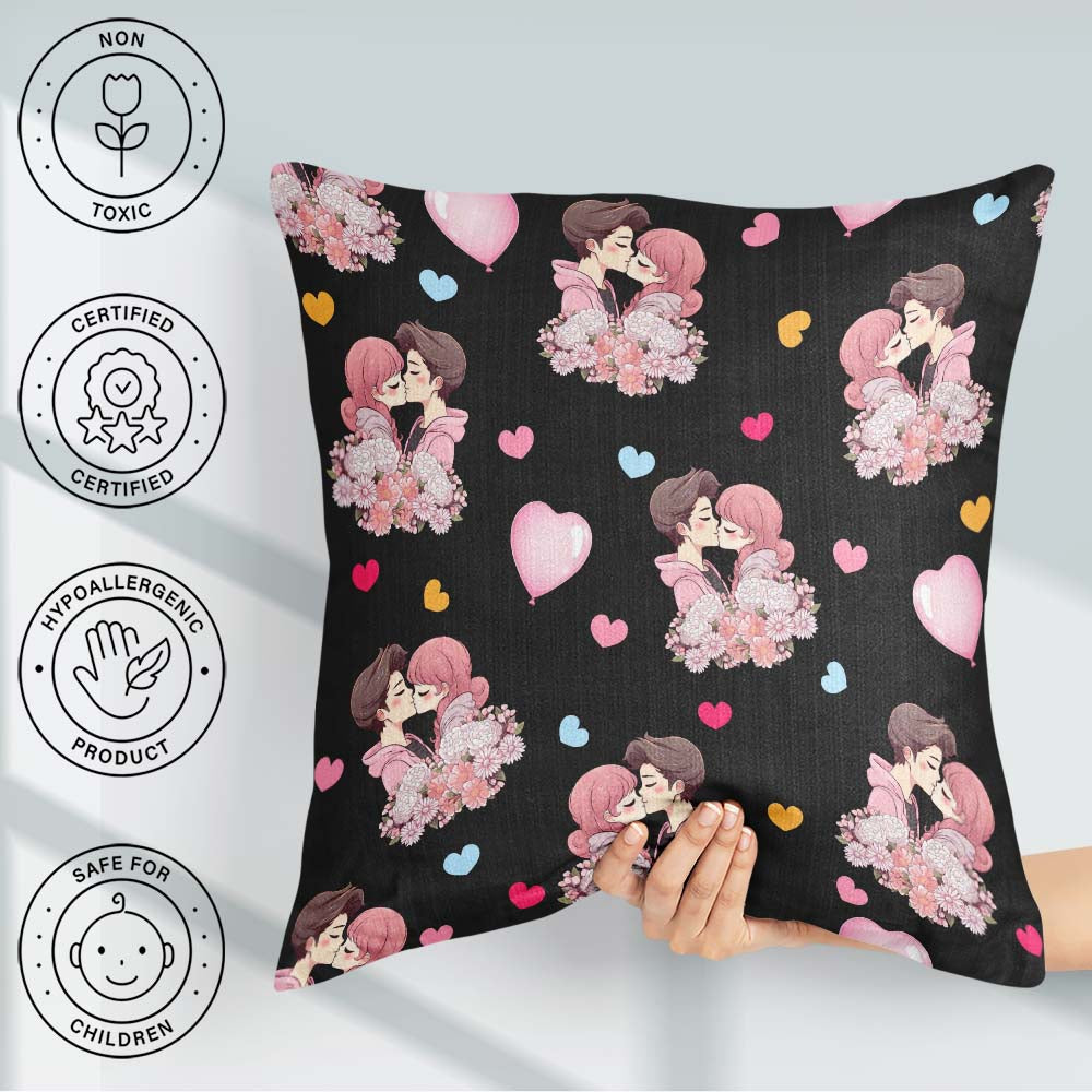 Custom Name Romantic Couple Kissing Floral Hearts Seamless Black Square Filled Cushion Throw Pillow Sofa Bed Home Decor Zip Washable UK Made