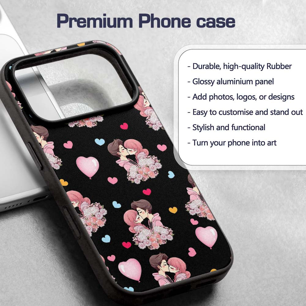 Romantic Couple Kissing Floral Bouquet Hearts Custom Name Protective Phone Case Mobile Cover Durable Everyday Smartphone Shock Resistant