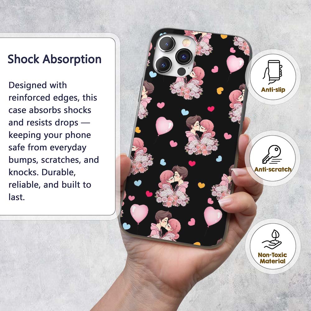 Romantic Couple Kissing Floral Bouquet Hearts Custom Name Protective Phone Case Mobile Cover Durable Everyday Smartphone Shock Resistant