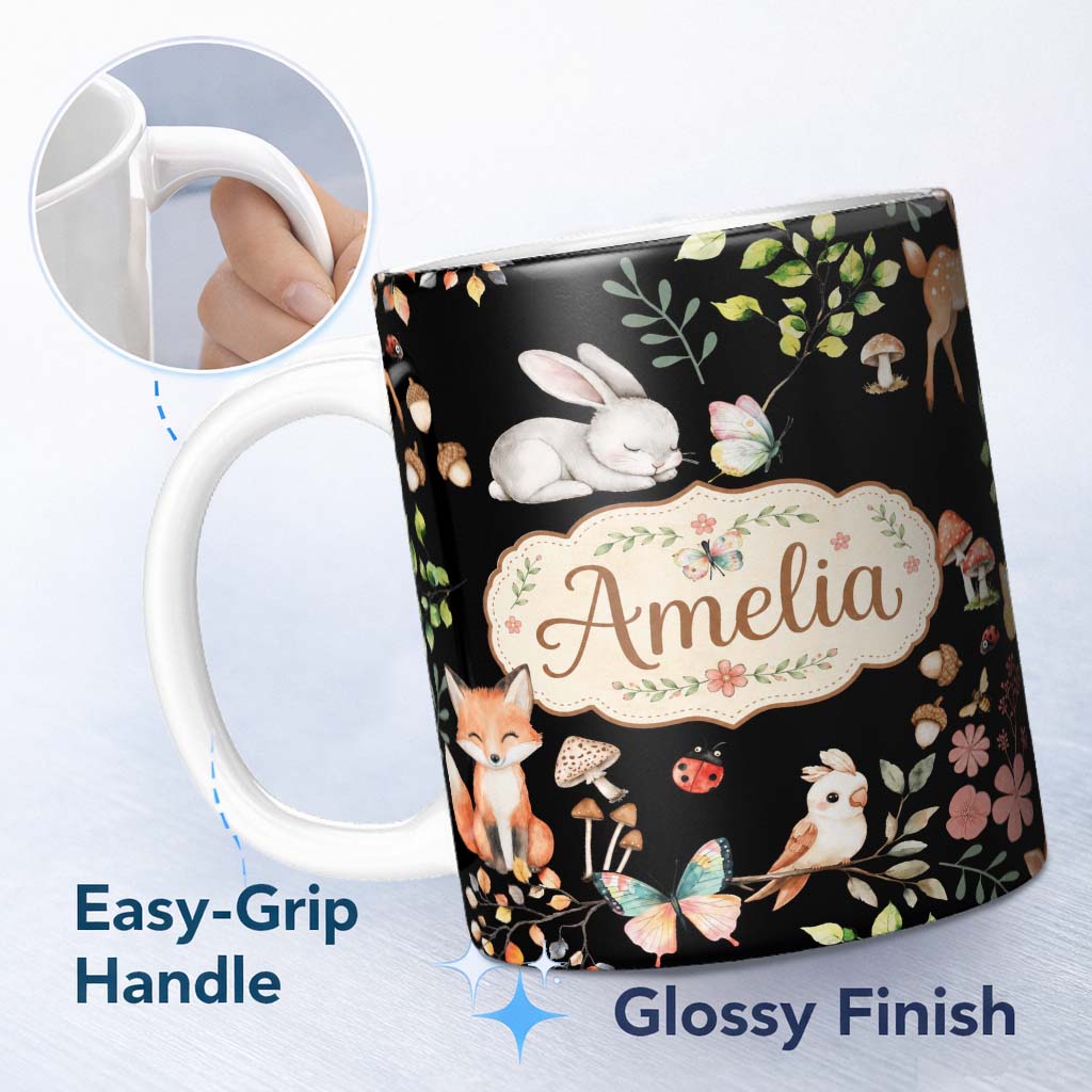 Personalized Custom Name Watercolour Woodland Animals with Bunny Fox and Butterflies Pattern 11oz Ceramic Coffee Tea Mug White Large Handle