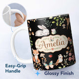 Personalized Custom Name Watercolour Woodland Animals with Bunny Fox and Butterflies Pattern 11oz Ceramic Coffee Tea Mug White Large Handle