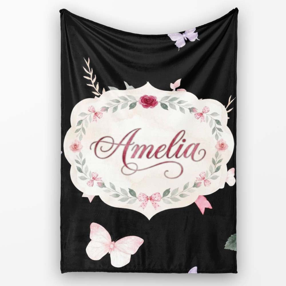 Watercolor Pink Roses Bow Butterfly Elegant Seamless Pattern Lovely  Personalised Custom Name Super Soft Fleece Blanket Bed Sofa Throw