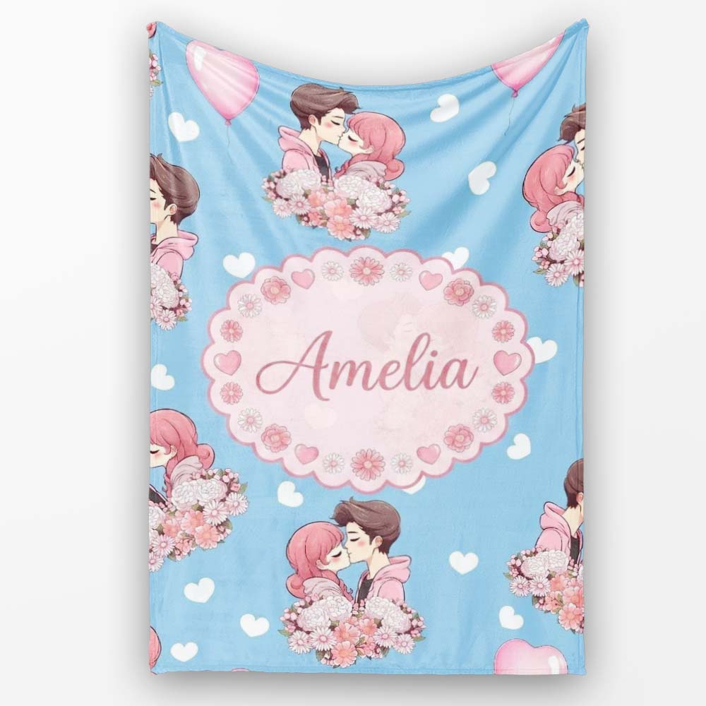Romantic Couple Kissing Floral Bouquet Hearts Seamless Pattern Blue  Personalised Custom Name Super Soft Fleece Blanket Bed Sofa Throw