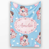 Romantic Couple Kissing Floral Bouquet Hearts Seamless Pattern Blue  Personalised Custom Name Super Soft Fleece Blanket Bed Sofa Throw