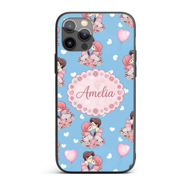 Romantic Couple Kissing Floral Bouquet Hearts Custom Name Protective Phone Case Mobile Cover Durable Everyday Smartphone Shock Resistant