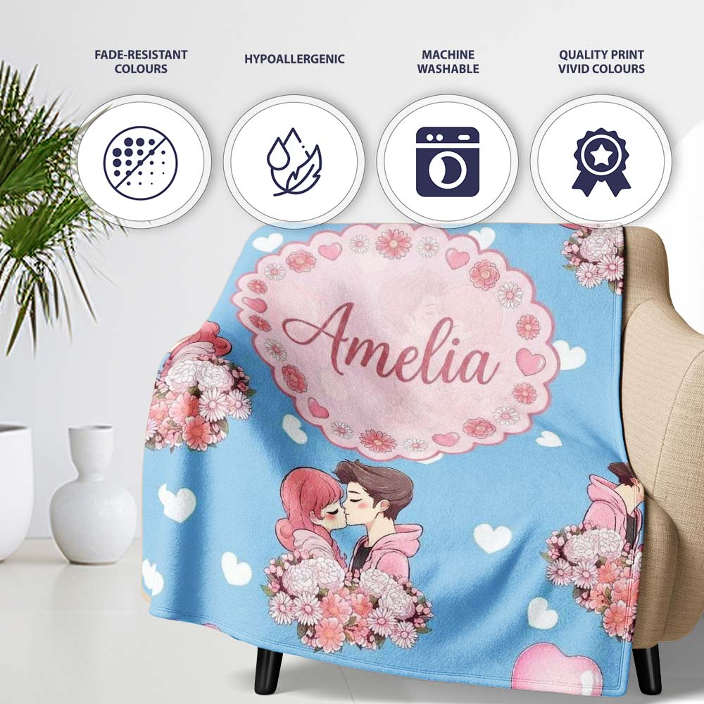 Romantic Couple Kissing Floral Bouquet Hearts Seamless Pattern Blue  Personalised Custom Name Super Soft Fleece Blanket Bed Sofa Throw