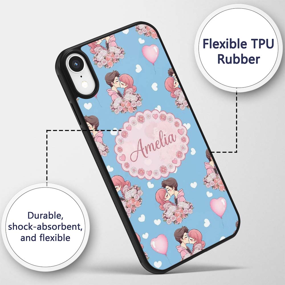 Romantic Couple Kissing Floral Bouquet Hearts Custom Name Protective Phone Case Mobile Cover Durable Everyday Smartphone Shock Resistant