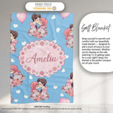 Romantic Couple Kissing Floral Bouquet Hearts Seamless Pattern Blue  Personalised Custom Name Super Soft Fleece Blanket Bed Sofa Throw