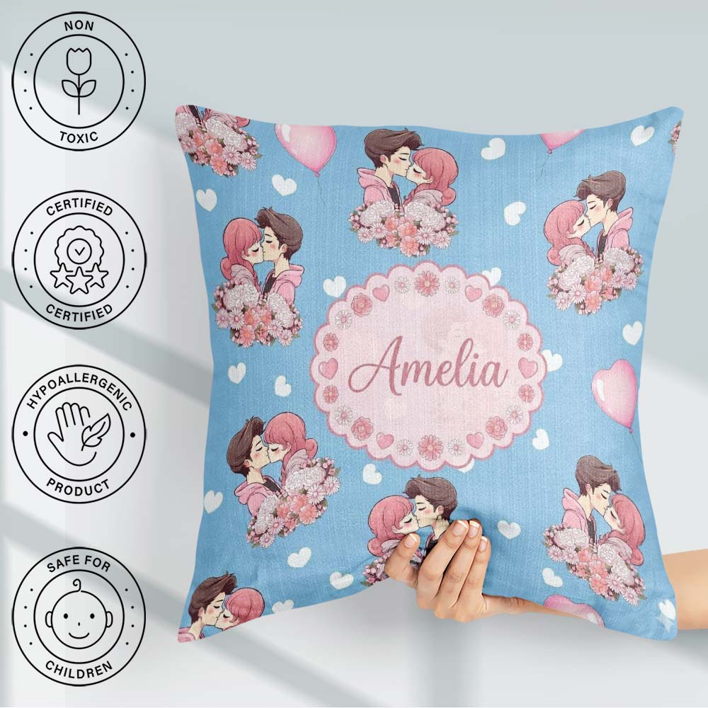 Custom Name Romantic Couple Kissing Floral Bouquet Seamless Blue Square Filled Cushion Throw Pillow Sofa Bed Home Decor Zip Washable UK Made