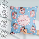 Custom Name Romantic Couple Kissing Floral Bouquet Seamless Blue Square Filled Cushion Throw Pillow Sofa Bed Home Decor Zip Washable UK Made
