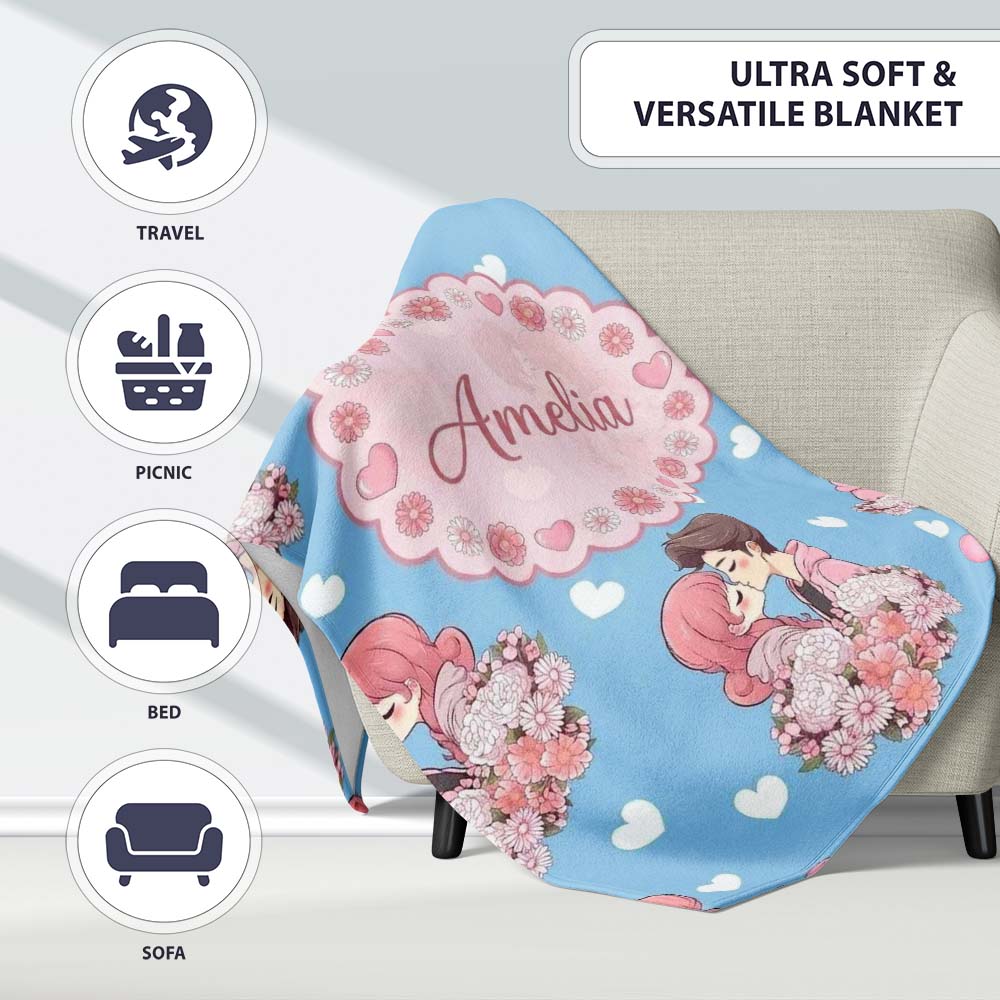 Romantic Couple Kissing Floral Bouquet Hearts Seamless Pattern Blue  Personalised Custom Name Super Soft Fleece Blanket Bed Sofa Throw
