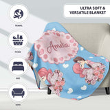 Romantic Couple Kissing Floral Bouquet Hearts Seamless Pattern Blue  Personalised Custom Name Super Soft Fleece Blanket Bed Sofa Throw