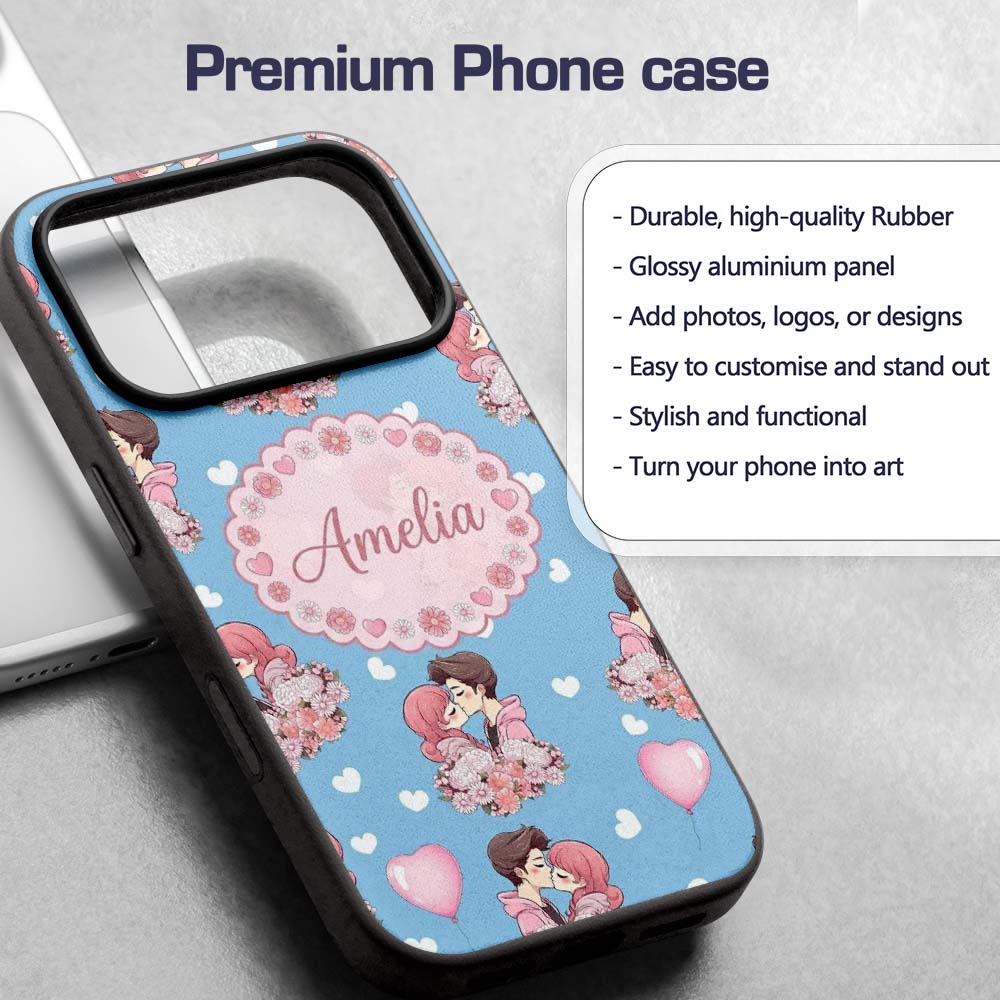Romantic Couple Kissing Floral Bouquet Hearts Custom Name Protective Phone Case Mobile Cover Durable Everyday Smartphone Shock Resistant