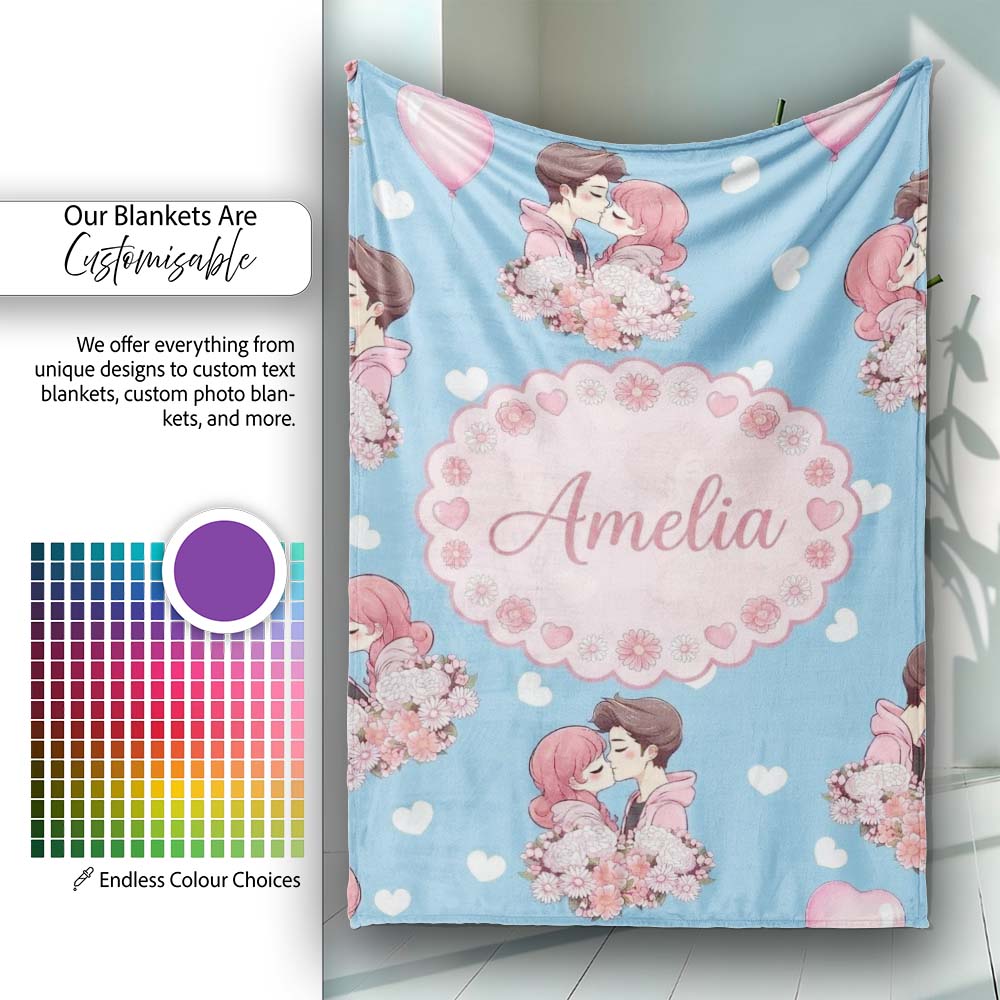 Romantic Couple Kissing Floral Bouquet Hearts Seamless Pattern Blue  Personalised Custom Name Super Soft Fleece Blanket Bed Sofa Throw