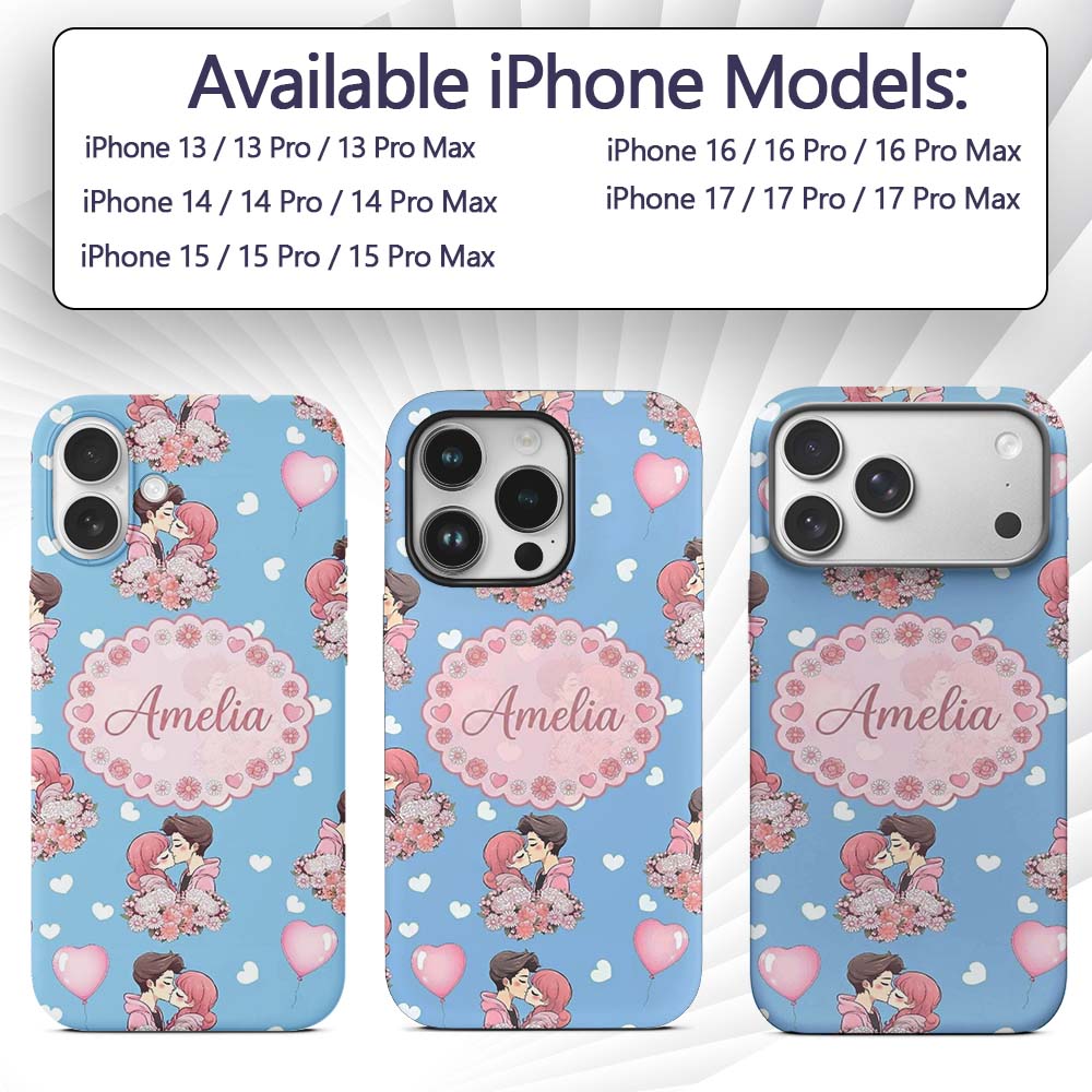 Romantic Couple Kissing Floral Bouquet Hearts Custom Name Protective Phone Case Mobile Cover Durable Everyday Smartphone Shock Resistant