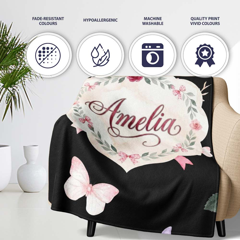 Watercolor Pink Roses Bow Butterfly Elegant Seamless Pattern Lovely  Personalised Custom Name Super Soft Fleece Blanket Bed Sofa Throw