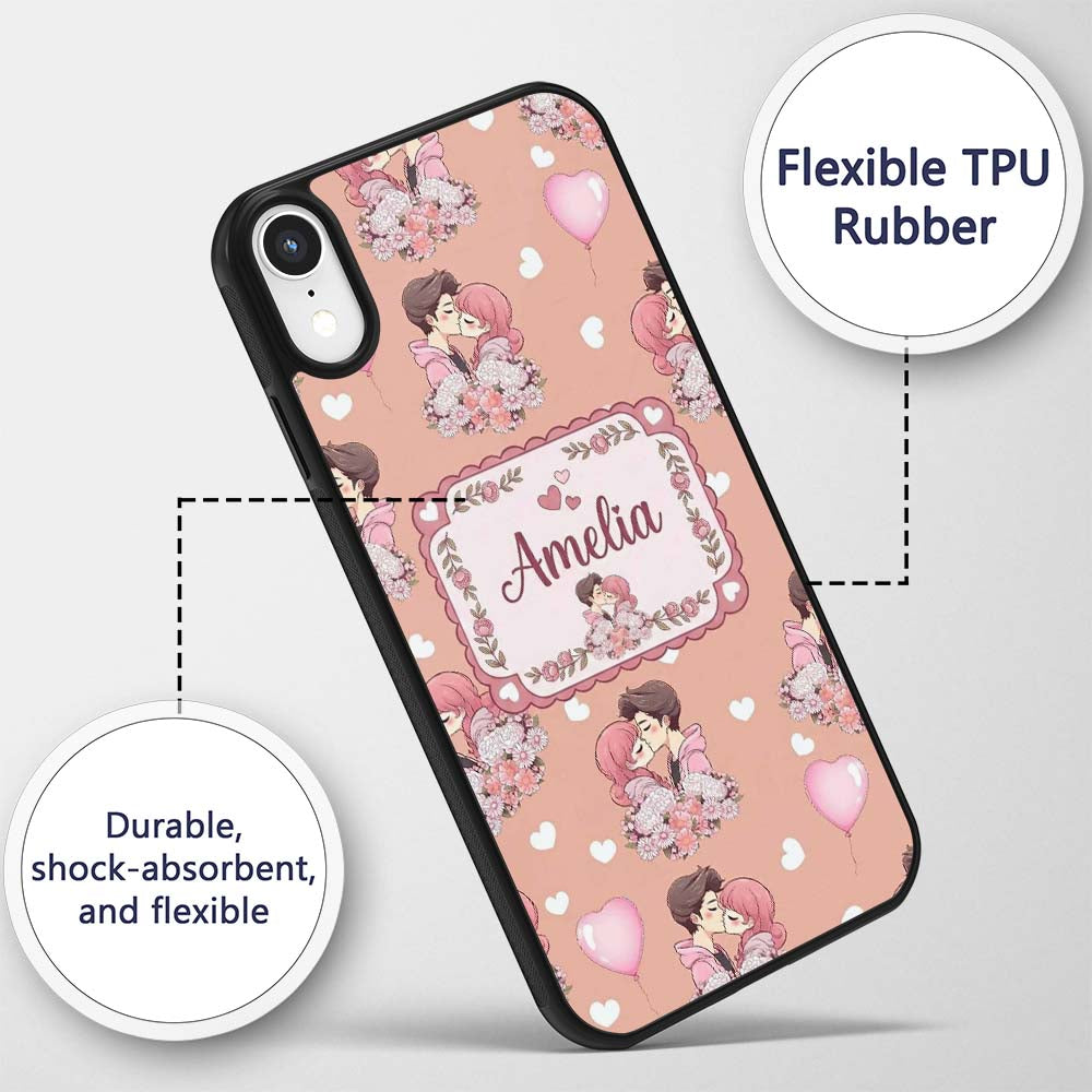 Romantic Couple Kissing Floral Bouquet Hearts Custom Name Protective Phone Case Mobile Cover Durable Everyday Smartphone Shock Resistant
