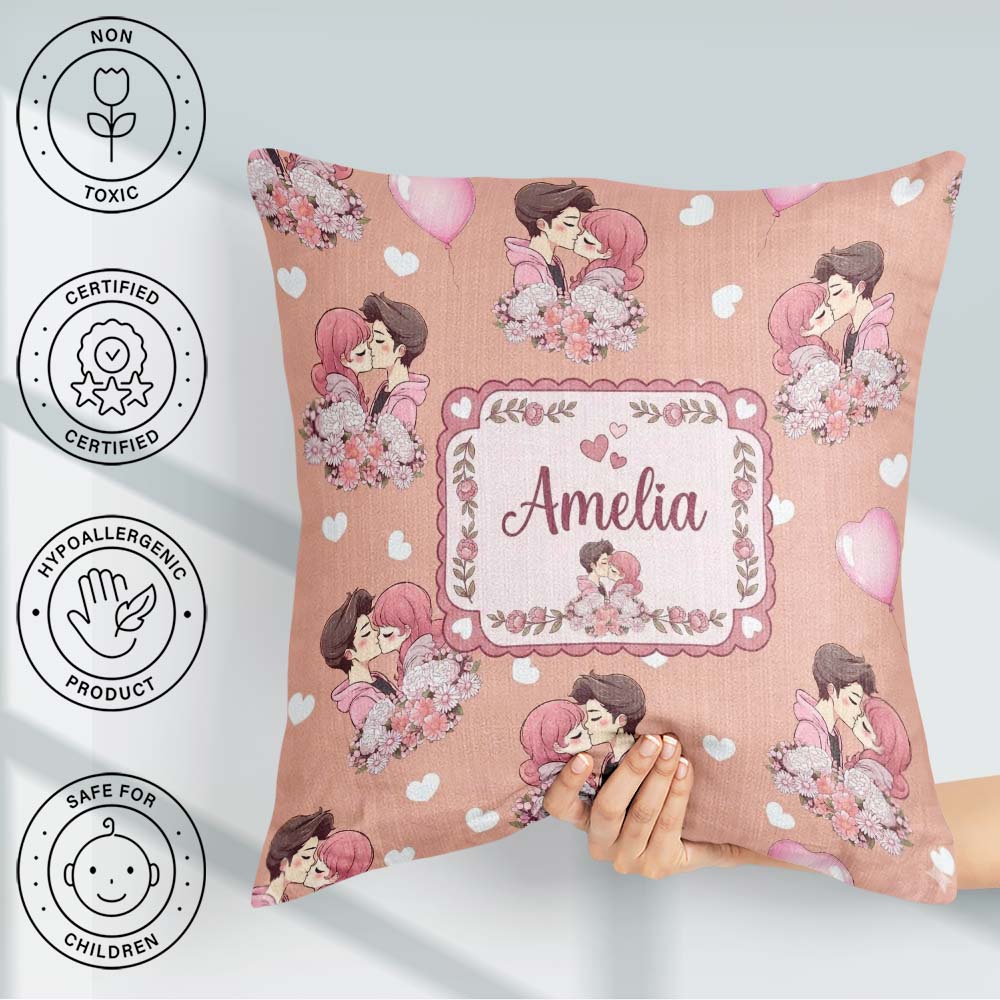 Custom Name Romantic Couple Kissing Floral Hearts Seamless Peach Square Filled Cushion Throw Pillow Sofa Bed Home Decor Zip Washable UK Made
