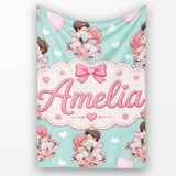 Romantic Couple Kissing Floral Bouquet Hearts Pattern Mint Green  Personalised Custom Name Super Soft Fleece Blanket Bed Sofa Throw