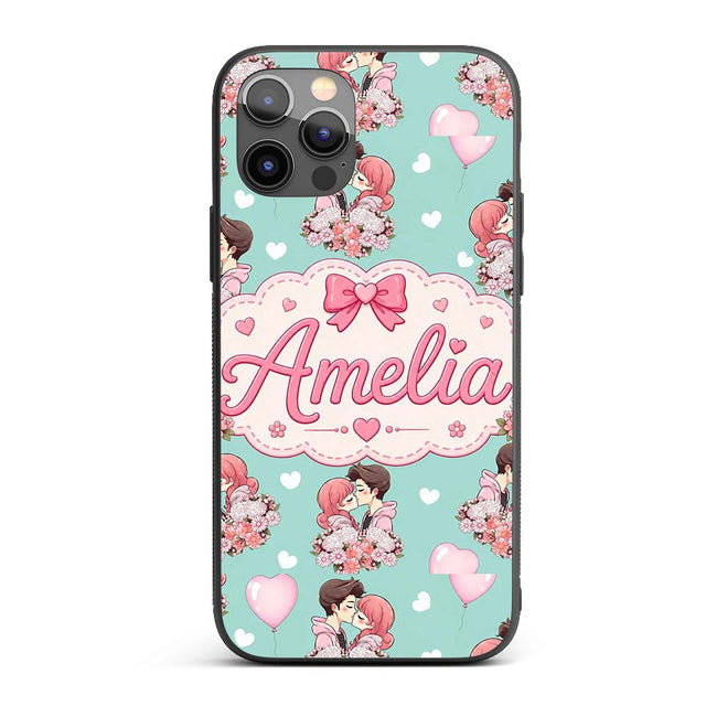 Romantic Couple Kissing Floral Bouquet Hearts Custom Name Protective Phone Case Mobile Cover Durable Everyday Smartphone Shock Resistant