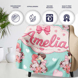 Romantic Couple Kissing Floral Bouquet Hearts Pattern Mint Green  Personalised Custom Name Super Soft Fleece Blanket Bed Sofa Throw