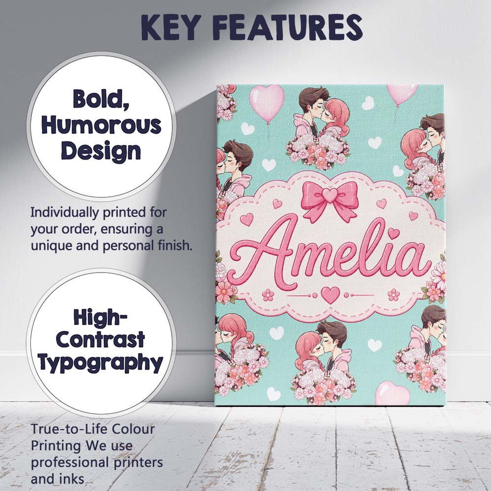 Personalised Name Romantic Couple Kissing Custom  Unique Gift Idea Elegant Feature Canvas Wall Art Print Decor Picture Ready to Hang