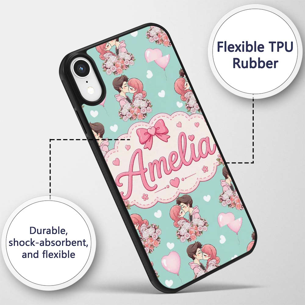 Romantic Couple Kissing Floral Bouquet Hearts Custom Name Protective Phone Case Mobile Cover Durable Everyday Smartphone Shock Resistant