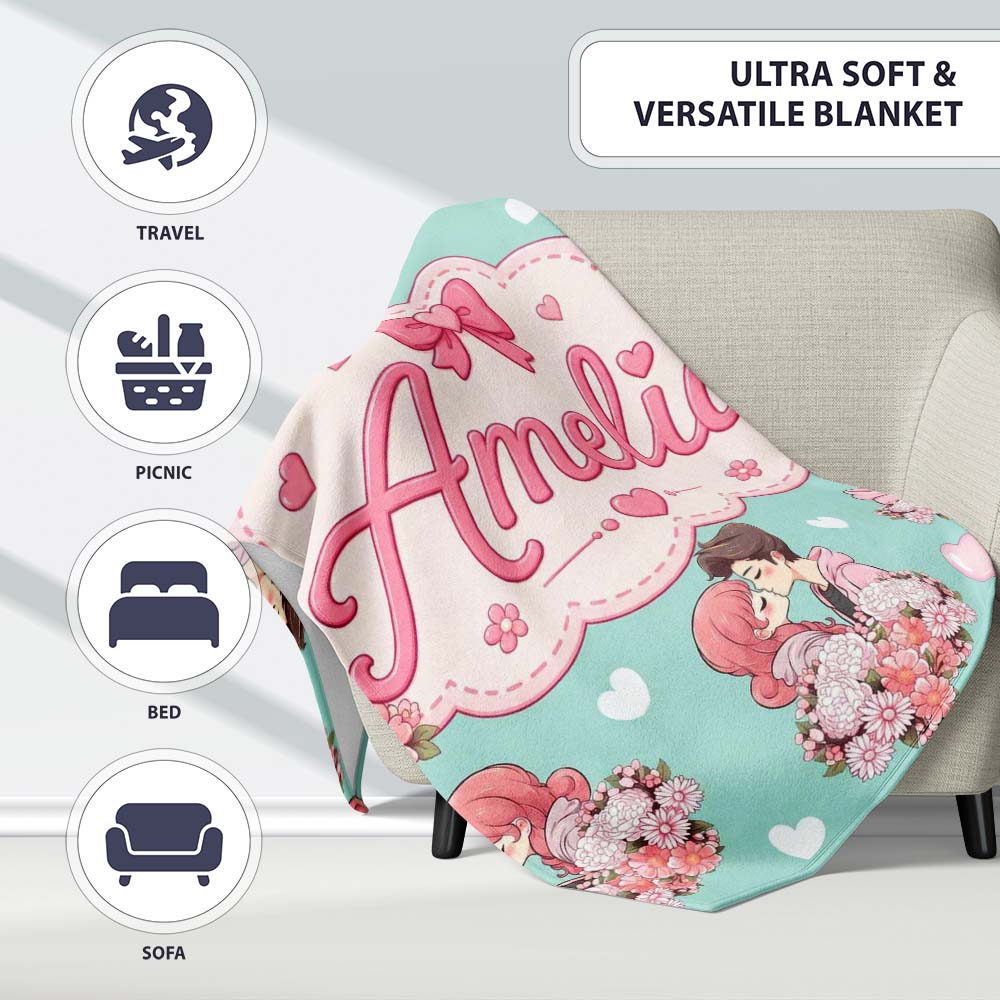 Romantic Couple Kissing Floral Bouquet Hearts Pattern Mint Green  Personalised Custom Name Super Soft Fleece Blanket Bed Sofa Throw