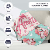 Romantic Couple Kissing Floral Bouquet Hearts Pattern Mint Green  Personalised Custom Name Super Soft Fleece Blanket Bed Sofa Throw