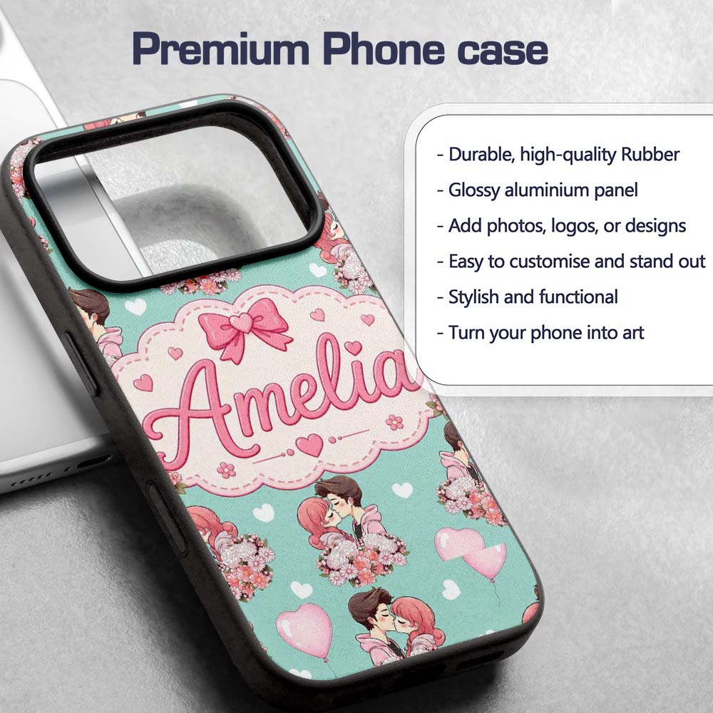 Romantic Couple Kissing Floral Bouquet Hearts Custom Name Protective Phone Case Mobile Cover Durable Everyday Smartphone Shock Resistant